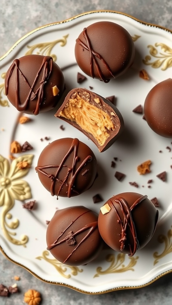 A plate of chocolate peanut butter fat bombs with one cut in half, showing the creamy filling.