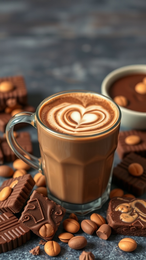 A glass of chocolate peanut butter keto coffee surrounded by chocolates and coffee beans.