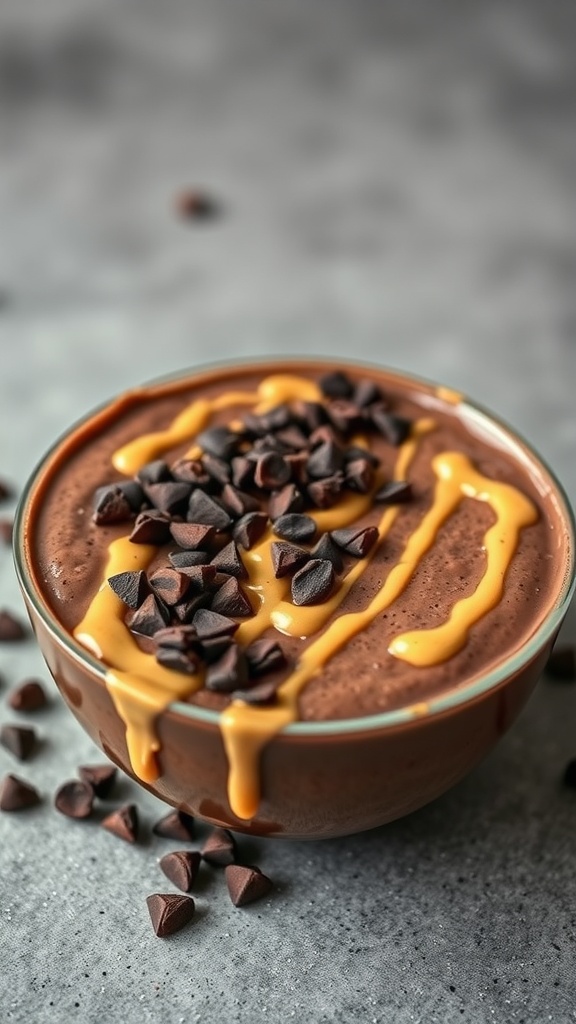 Chocolate peanut butter smoothie bowl topped with chocolate chips and peanut butter drizzle