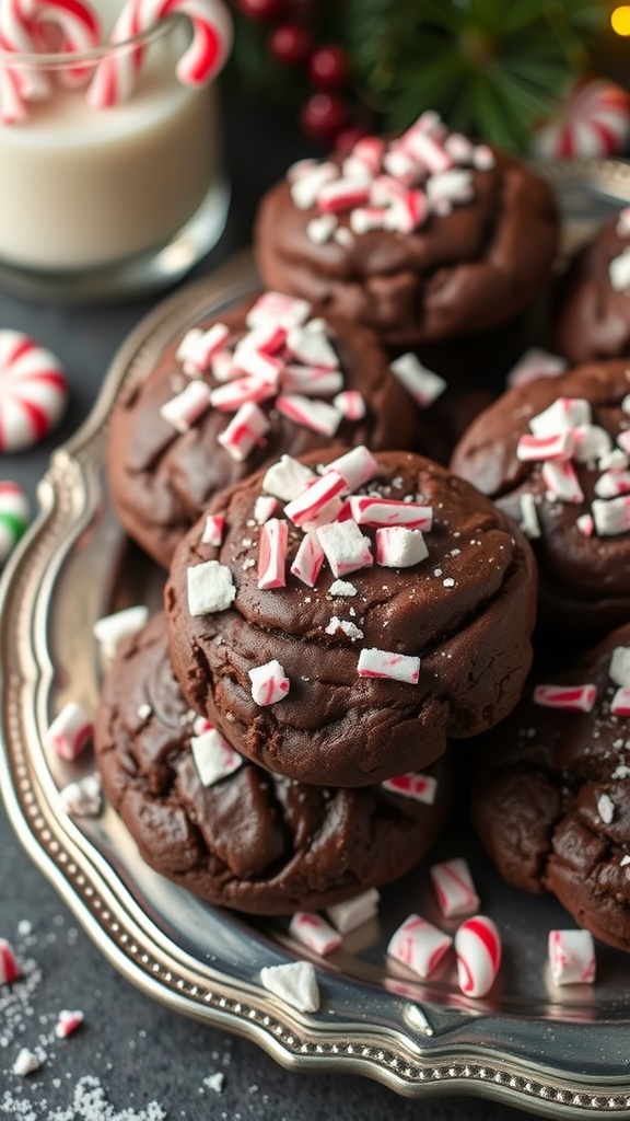 Chocolate peppermint cookies topped with crushed candy canes on a silver platter.