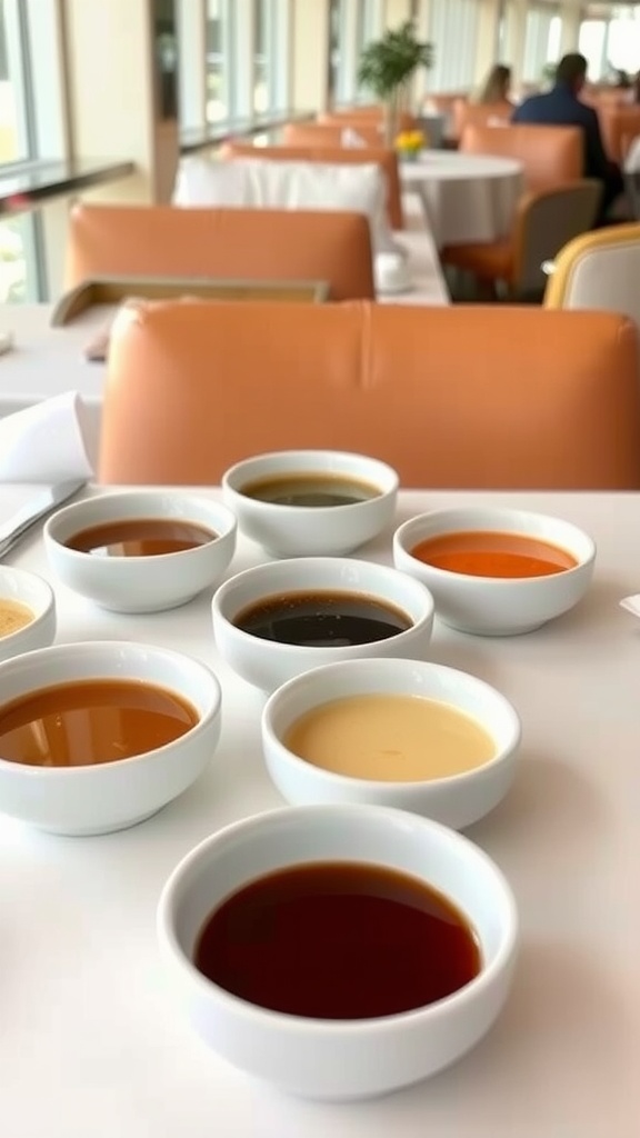 A variety of creamy dressings displayed in small bowls on a table