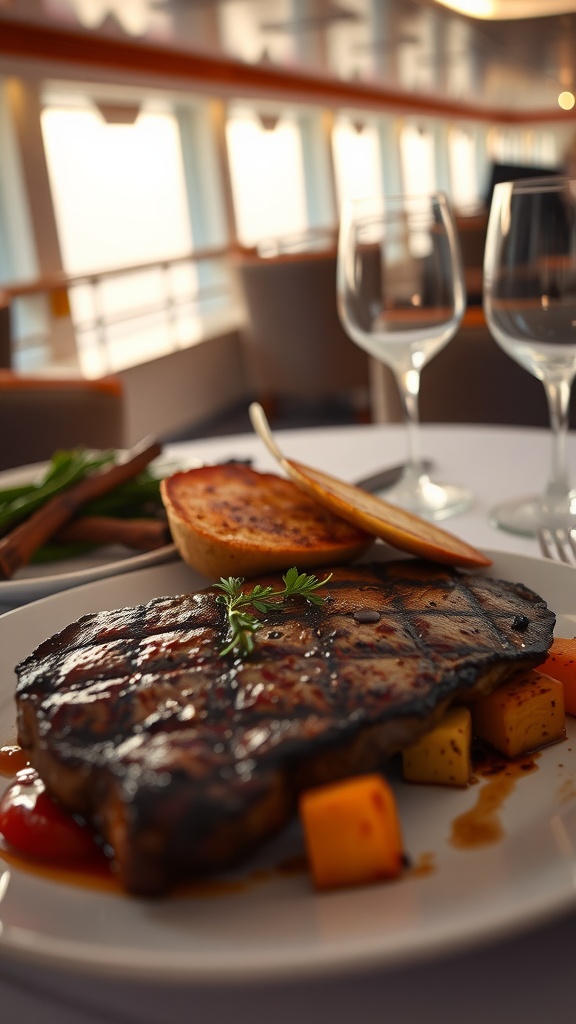 A grilled steak with roasted vegetables on a dining table.