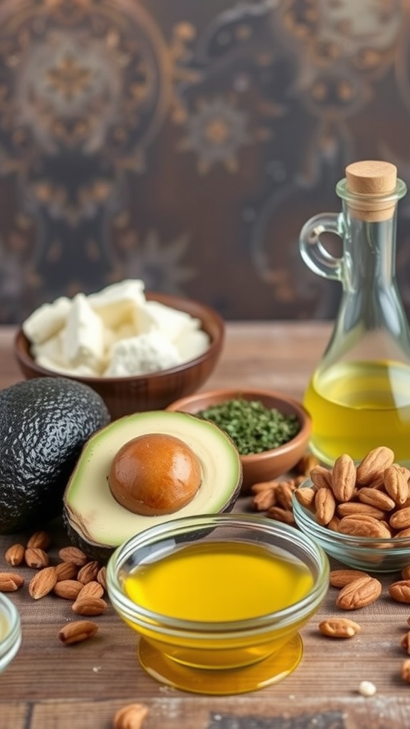 A selection of healthy fats including avocados, almonds, and olive oil.