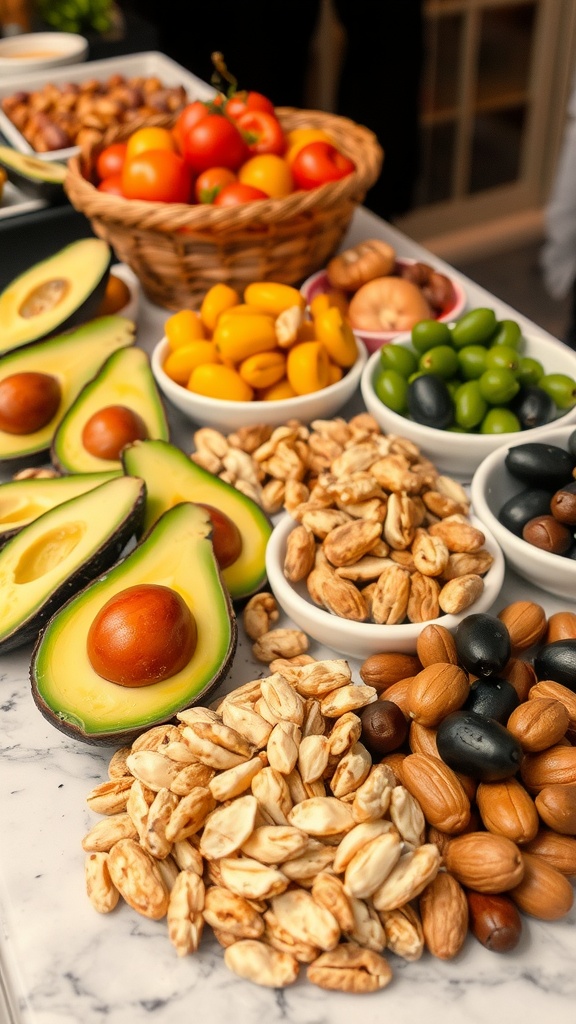 A variety of healthy fats including avocados, nuts, and olives displayed on a table.