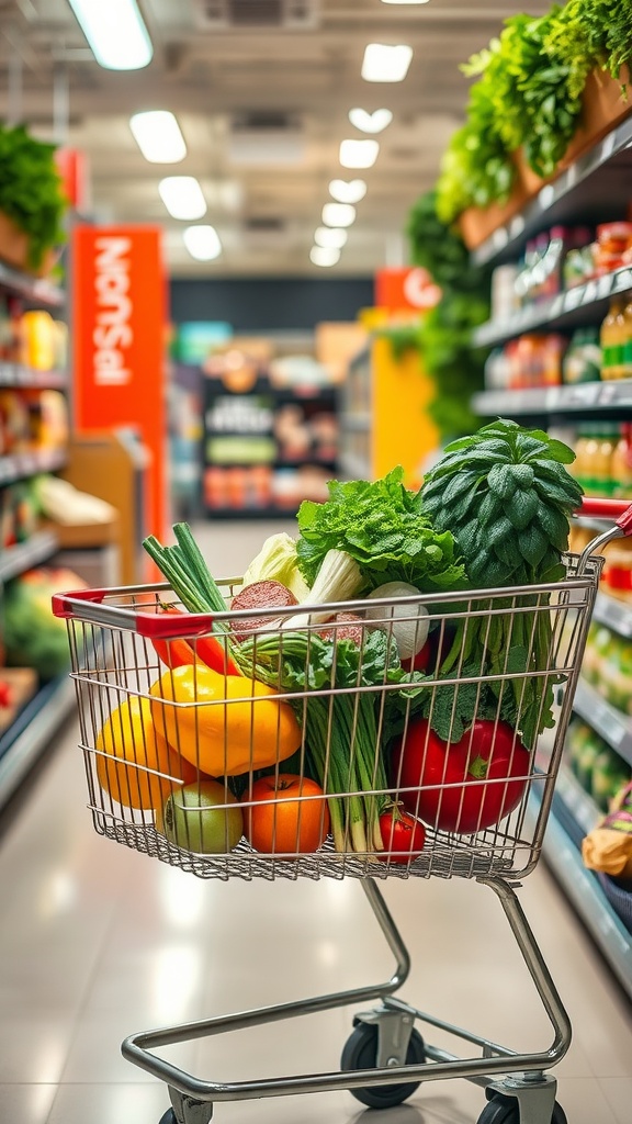 A cart filled with fresh vegetables and fruits in a grocery store aisle.