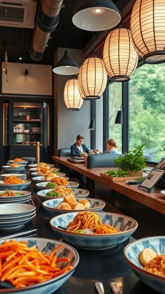 A beautiful table set with various Asian dishes, showcasing colorful vegetables and proteins, in a modern restaurant setting.