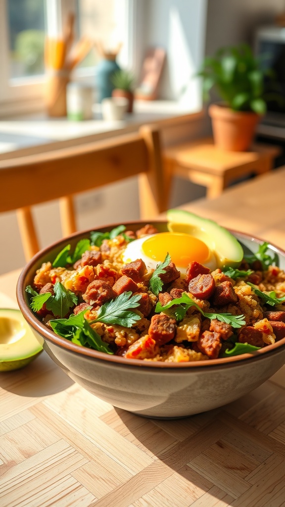 A bowl of chorizo and avocado egg scramble with cilantro and an egg on top.