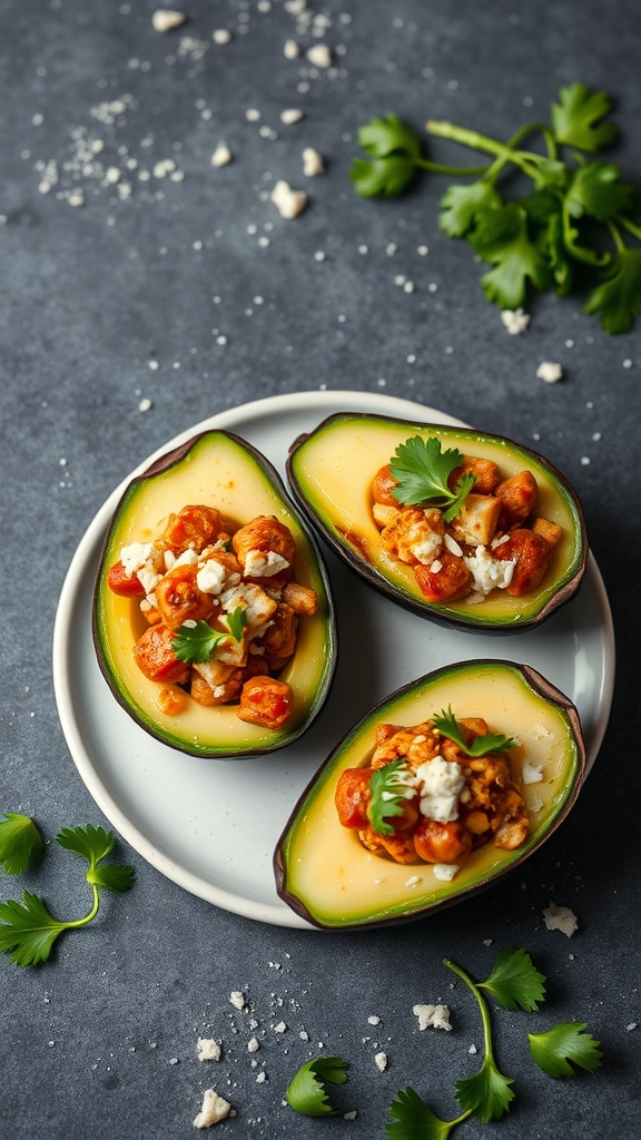 Chorizo and cheese stuffed avocados on a plate, garnished with cilantro.