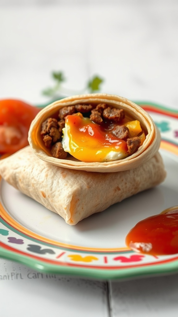 Chorizo and egg breakfast burrito on a colorful plate with sauce