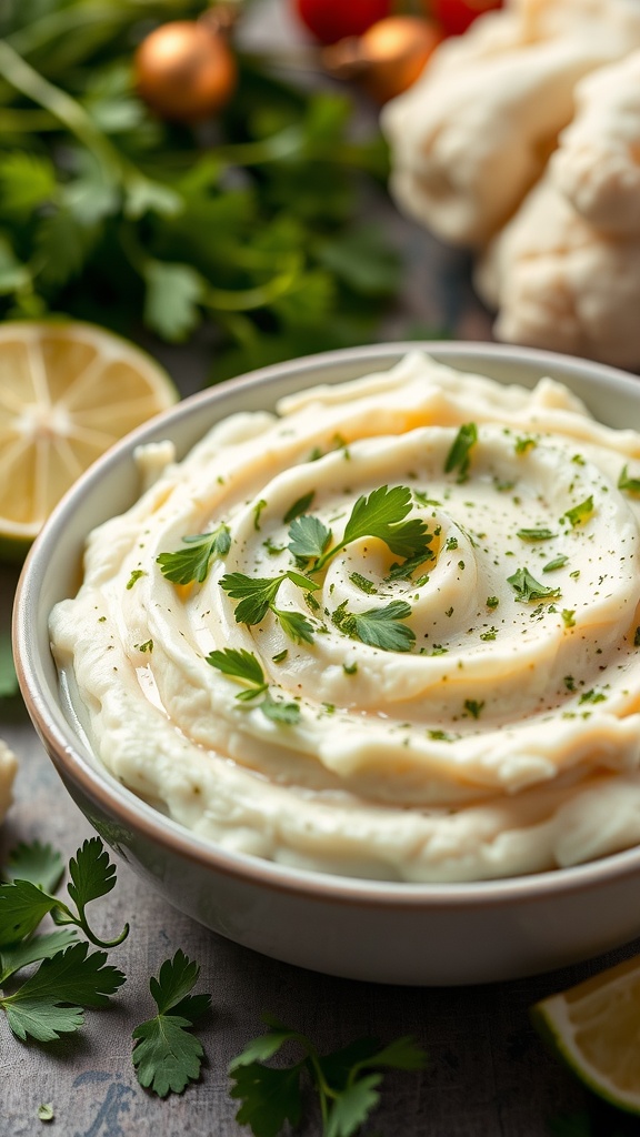 A bowl of creamy cilantro-lime cauliflower mash garnished with fresh cilantro and lime slices.