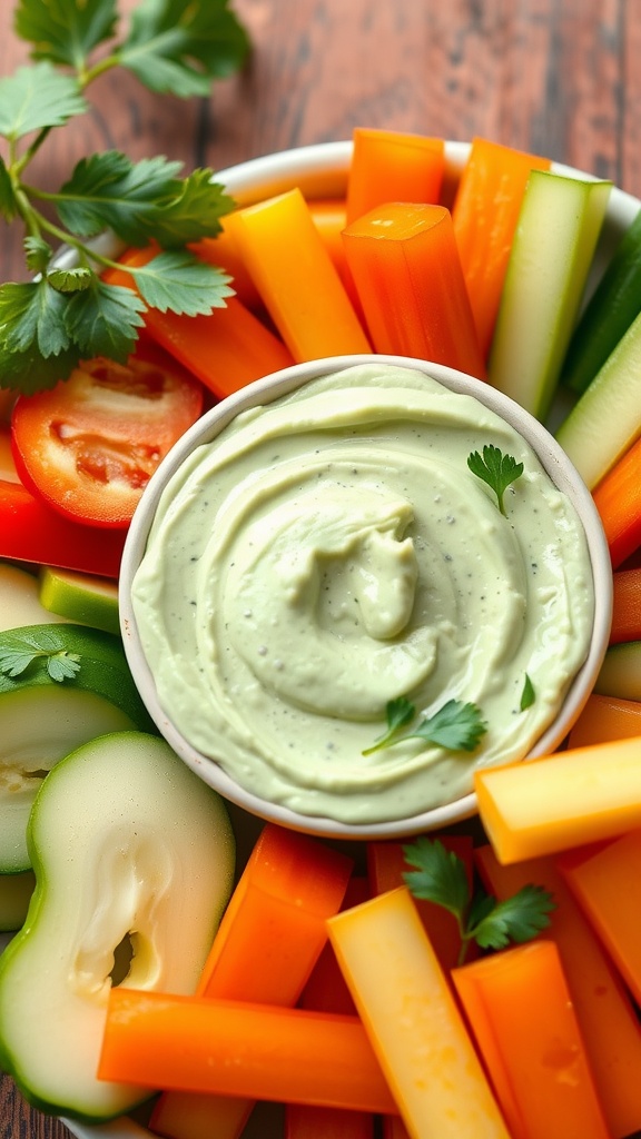 A bowl of cilantro lime avocado cream surrounded by colorful vegetable sticks