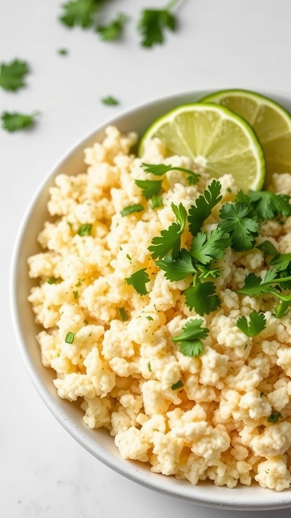 Bowl of cilantro lime cauliflower rice garnished with lime slices and cilantro.