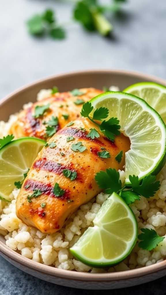 A bowl of cilantro lime chicken served on cauliflower rice with lime slices and fresh herbs.