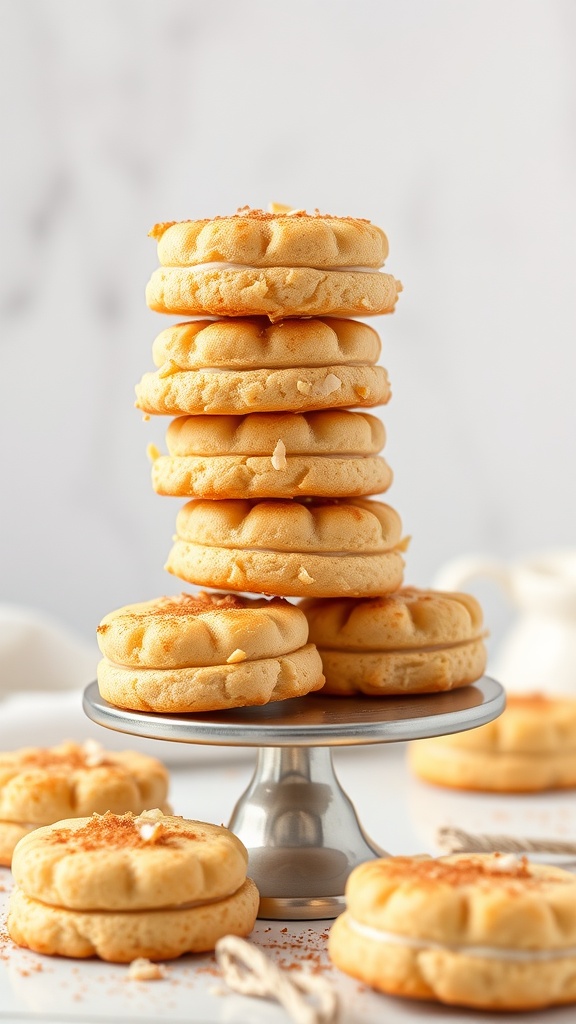 A stack of cinnamon coconut macaroons on a silver stand with some macaroons on the table.