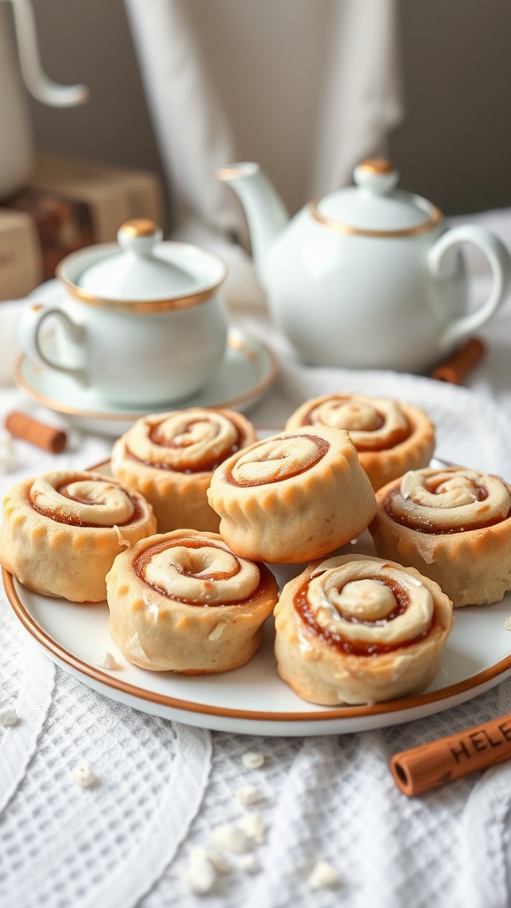 A plate with cinnamon roll fathead dough bites and a teapot in the background.