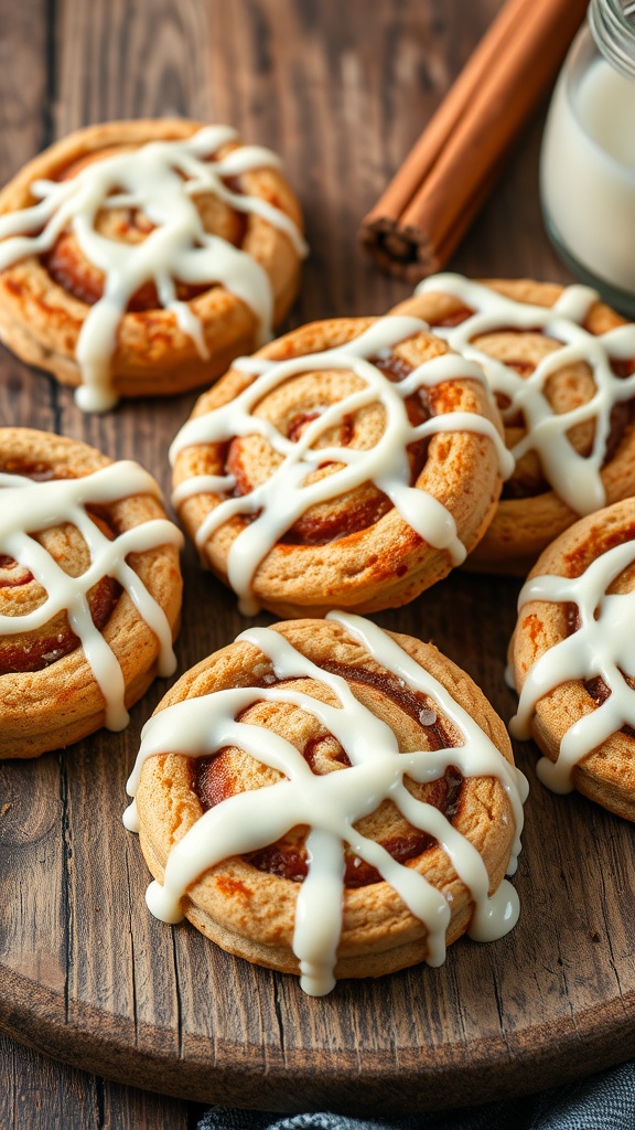 A plate of cinnamon roll keto cookies drizzled with cream cheese icing.