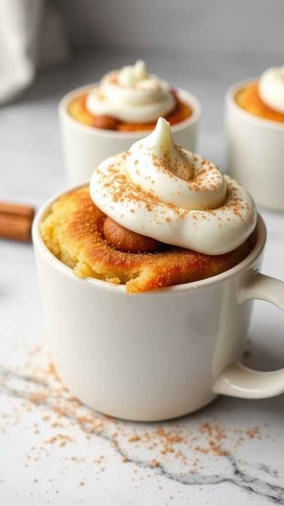 A delicious cinnamon roll mug cake topped with cream and sprinkled with cinnamon, served in a white mug.