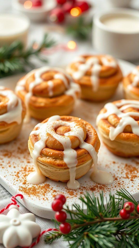 Cinnamon roll ketogenic bites drizzled with icing on a festive plate