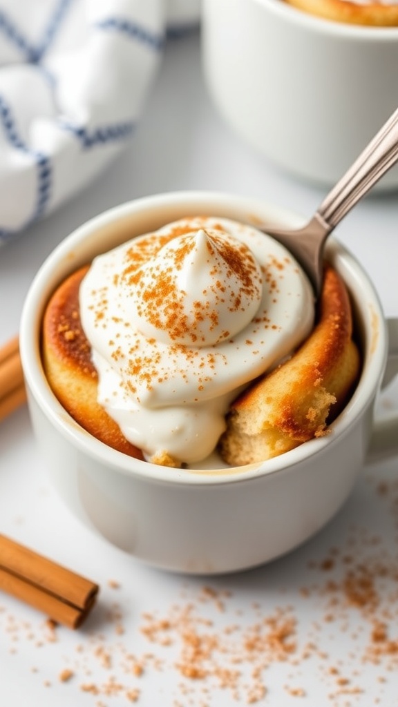 A delicious cinnamon roll mug cake topped with frosting and cinnamon.