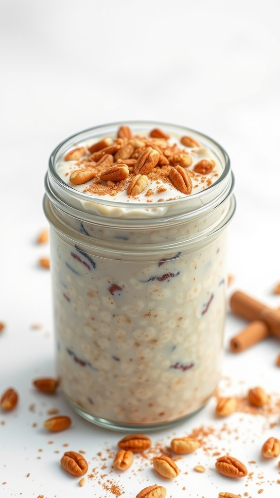 A jar of cinnamon roll overnight oats topped with pecans and a sprinkle of cinnamon.