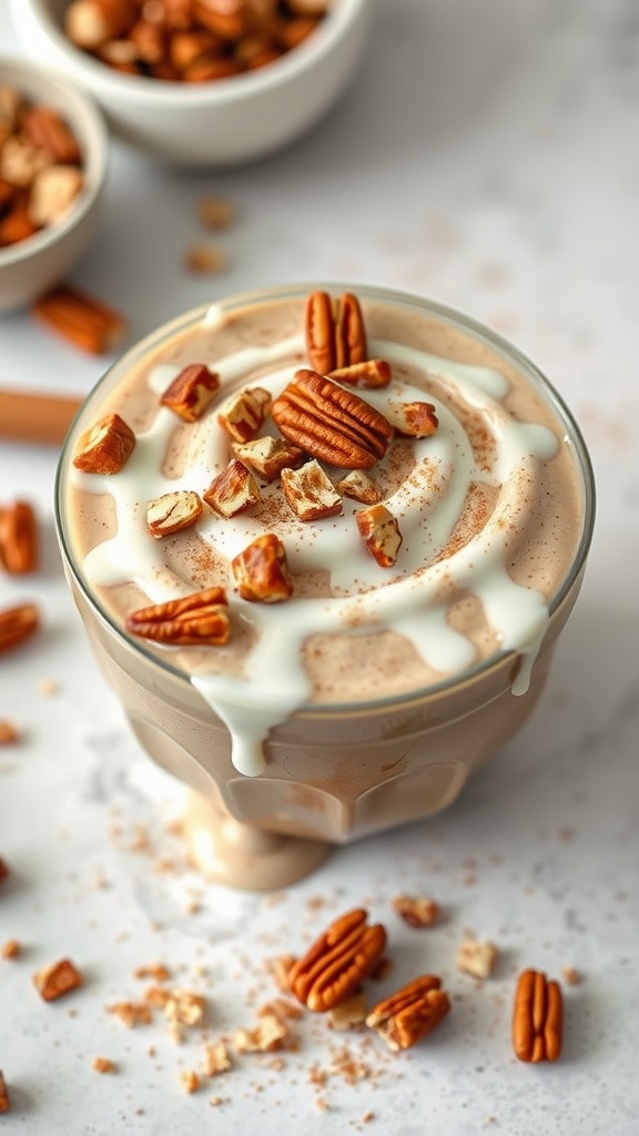 A delicious Cinnamon Roll Protein Bowl topped with pecans and yogurt drizzles.