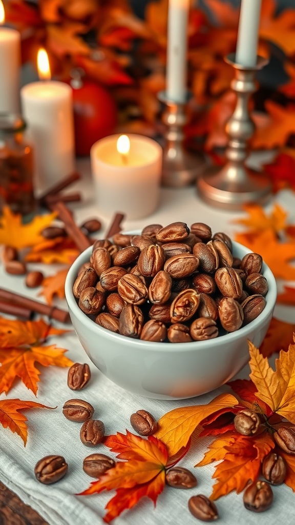 A bowl of cinnamon spiced roasted nuts surrounded by autumn leaves and candles