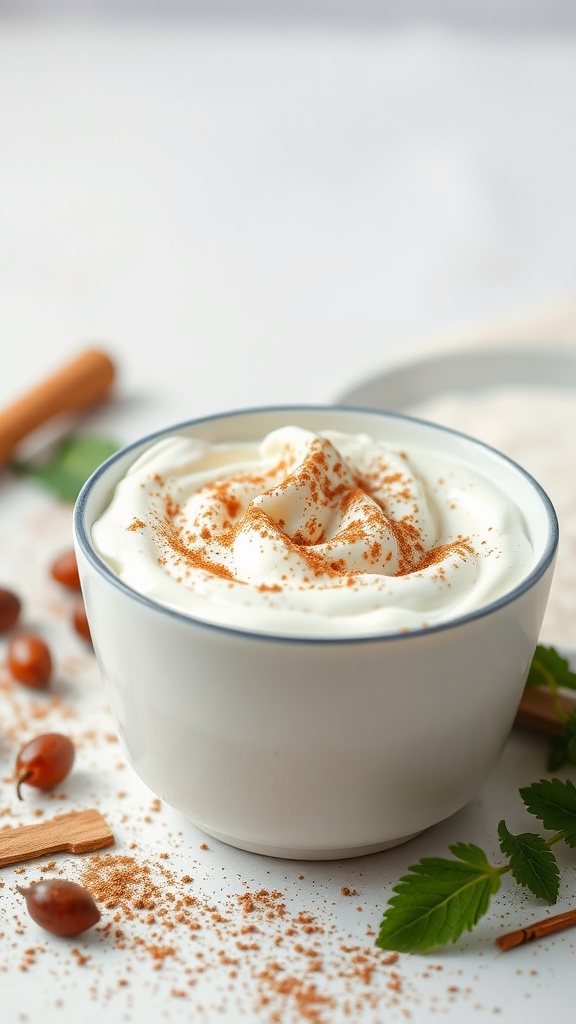 A bowl of yogurt topped with a sprinkle of cinnamon, surrounded by cinnamon sticks and seeds.