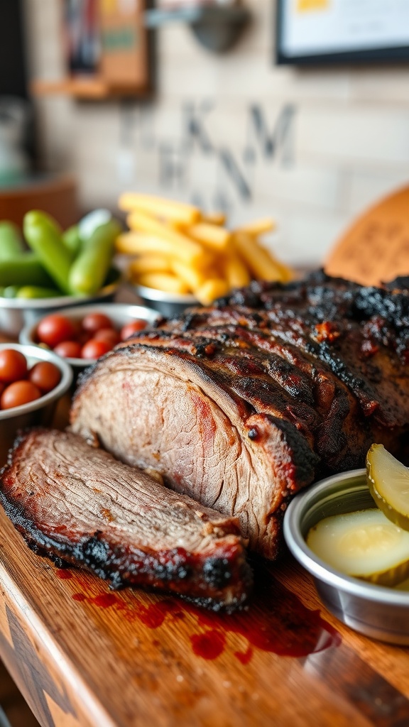 Sliced brisket with pickles and sides of tomatoes and greens on a wooden platter.