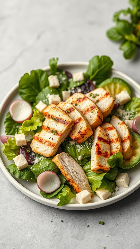 A plate of classic Caesar salad topped with grilled chicken slices, lettuce, radish, and cheese