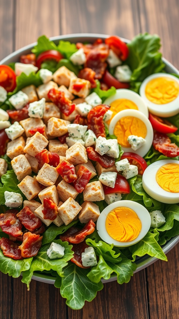 A vibrant Cobb salad featuring lettuce, diced chicken, crispy bacon, sliced hard-boiled eggs, cherry tomatoes, and crumbled blue cheese.