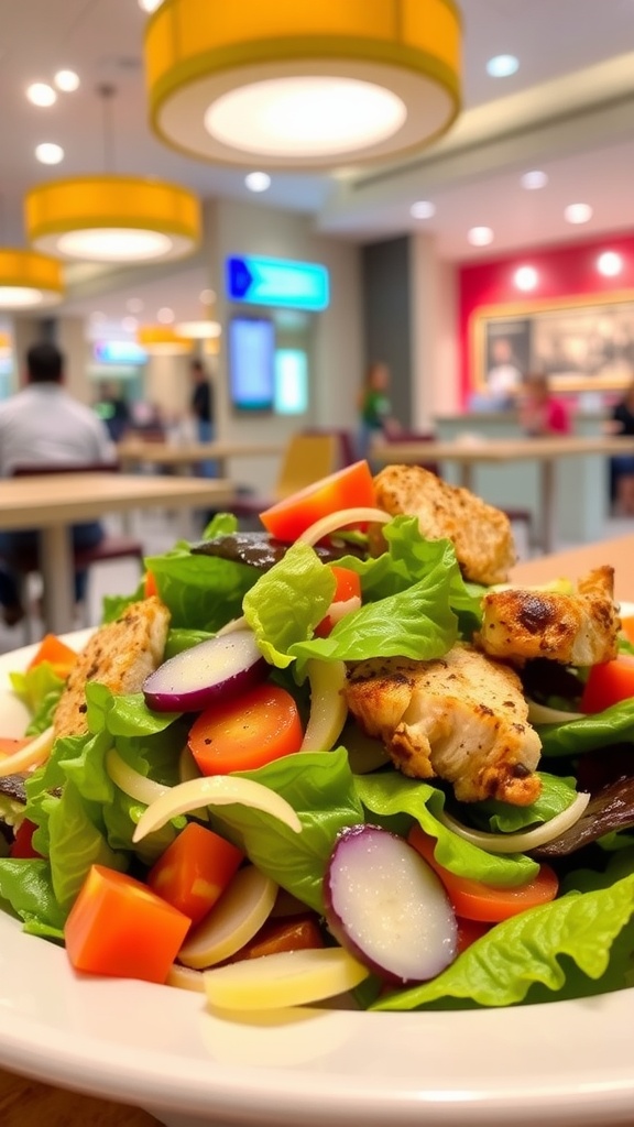 A vibrant Cobb salad with grilled chicken, fresh greens, and colorful vegetables in an airport setting.