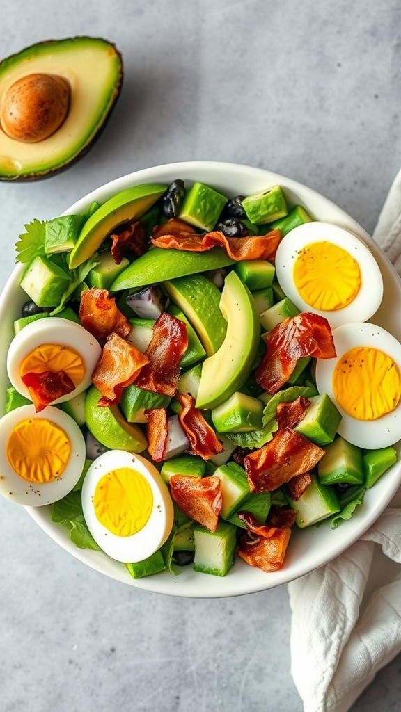 A colorful Cobb salad with hard-boiled eggs, bacon, avocado, and green vegetables.