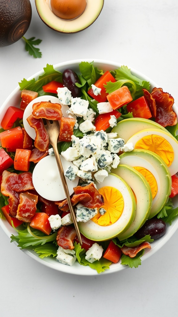 A colorful Cobb salad featuring hard-boiled eggs, bacon, lettuce, avocado, and blue cheese.