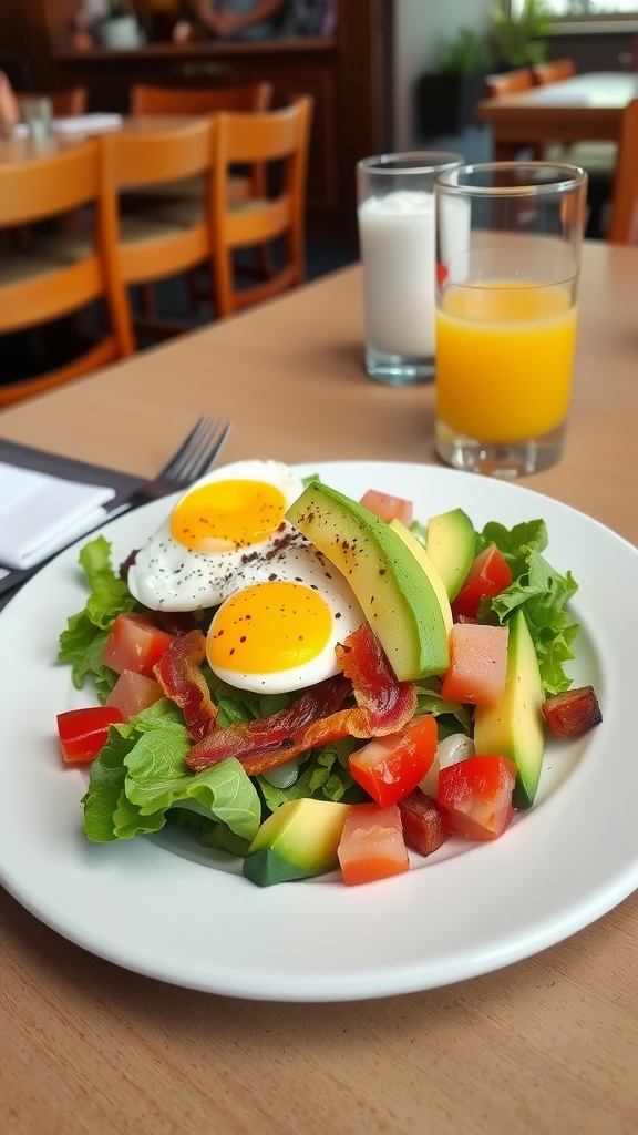 A delicious Cobb salad featuring greens, eggs, bacon, and avocado on a plate