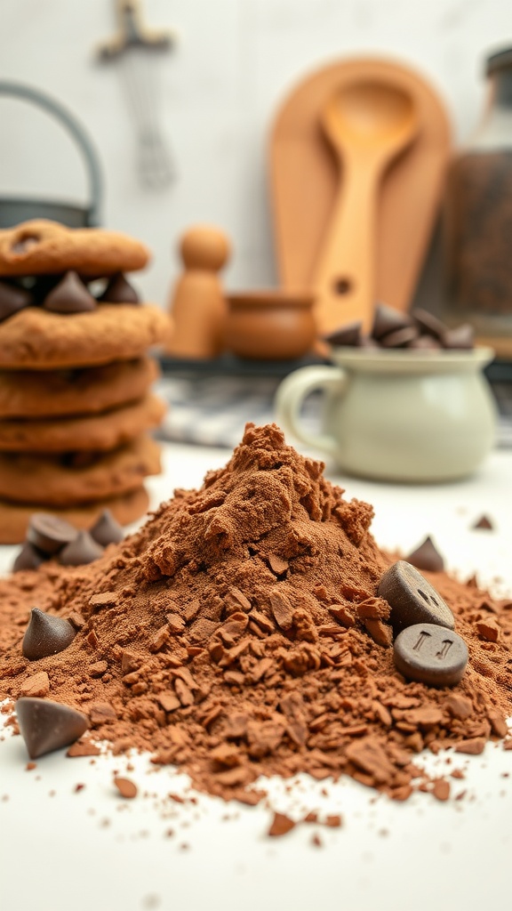 A pile of cocoa powder with chocolate chips and cookies in the background.