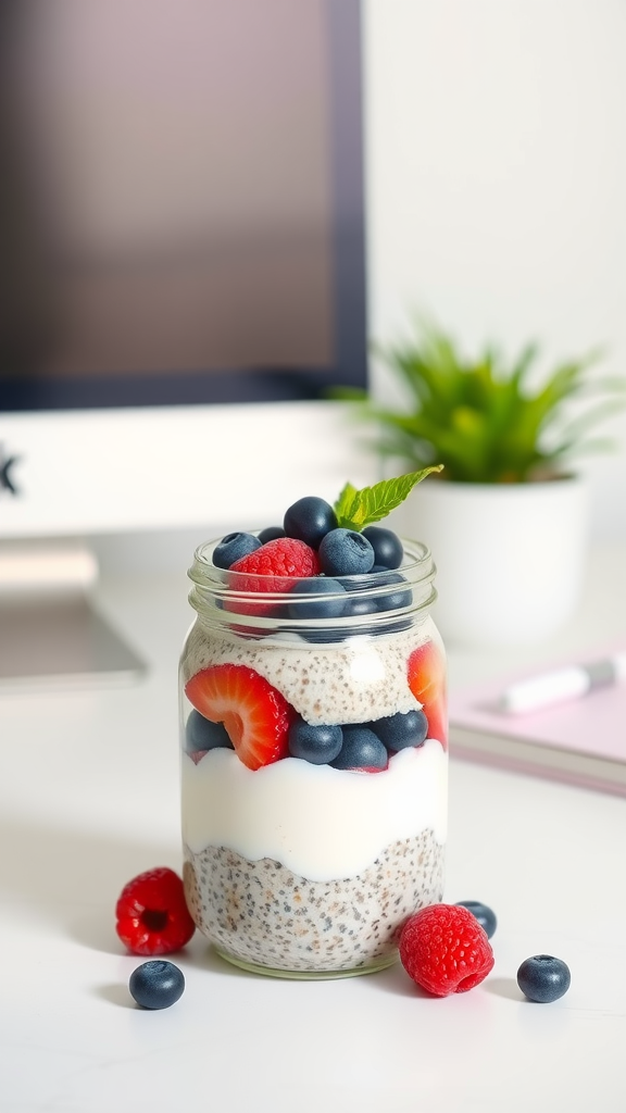 A jar of coconut chia pudding topped with raspberries and blueberries, sitting on a wooden desk next to a computer.