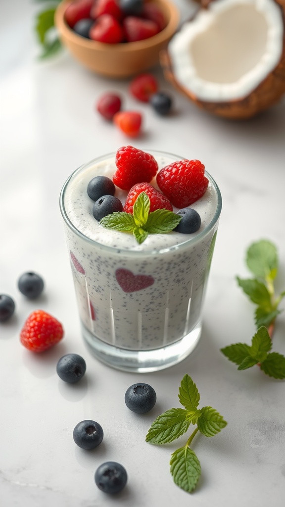 A glass of coconut chia pudding topped with fresh raspberries and blueberries, surrounded by more berries and a coconut shell.