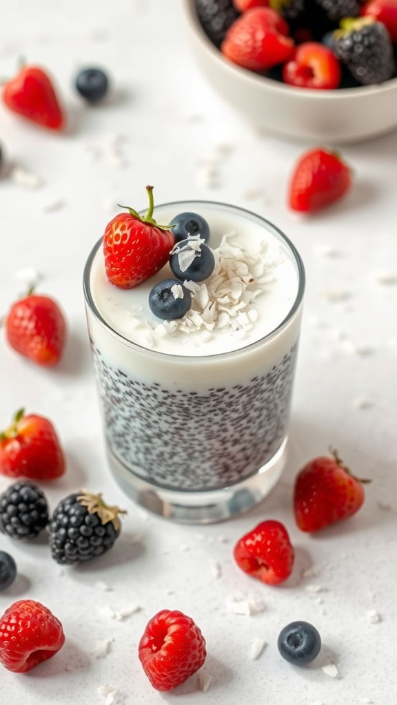 A glass of coconut chia pudding topped with strawberries and blueberries, surrounded by fresh berries.