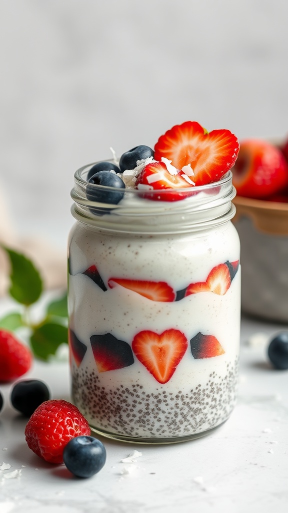 A jar of coconut chia seed pudding topped with strawberries and blueberries, placed on a marble surface.