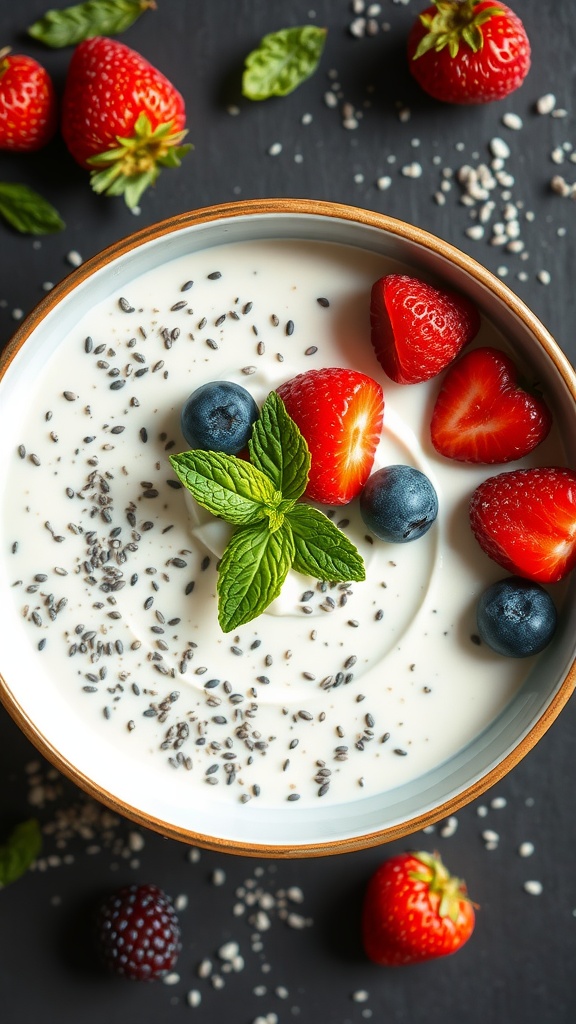 A delicious bowl of coconut chia seed pudding topped with fresh berries and mint leaves on a dark background.