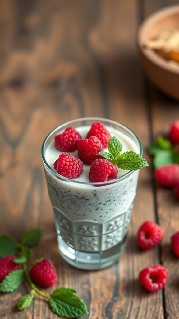 A glass of coconut chia seed pudding topped with raspberries and mint leaves, surrounded by fresh raspberries on a wooden surface.