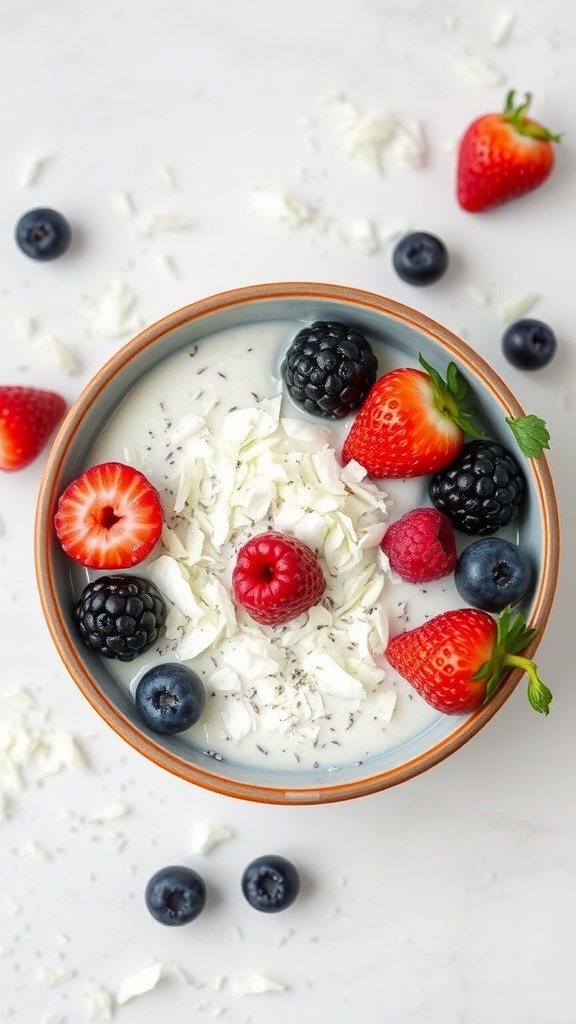 A bowl of coconut chia seed pudding topped with strawberries, blueberries, blackberries, and raspberries.