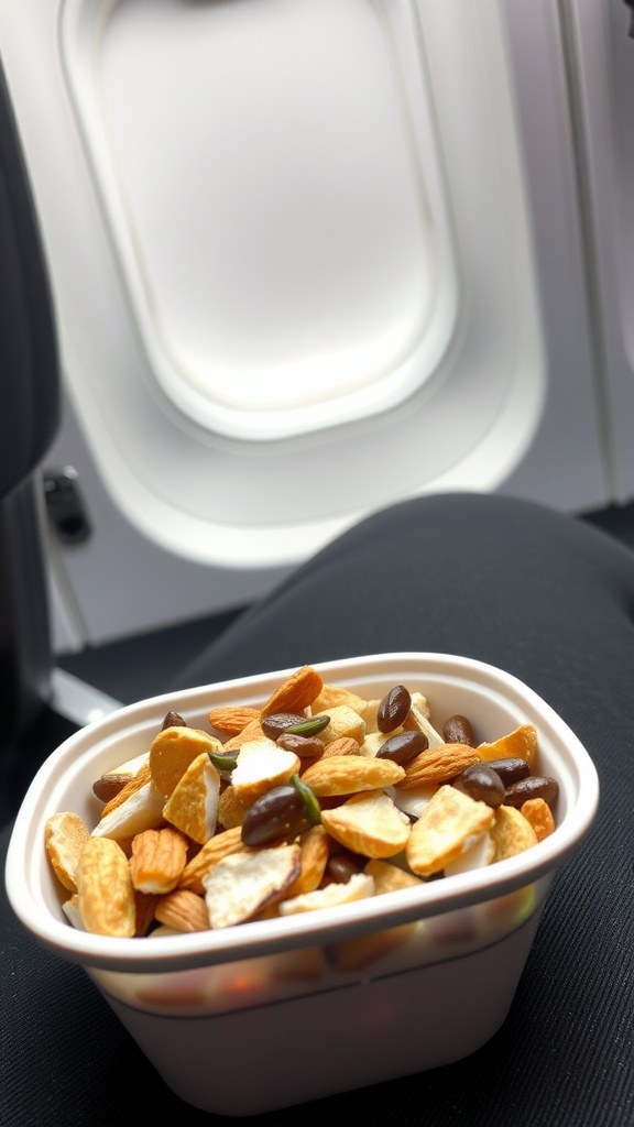 A close-up of a coconut chip snack mix in a container, set against the backdrop of an airplane seat.