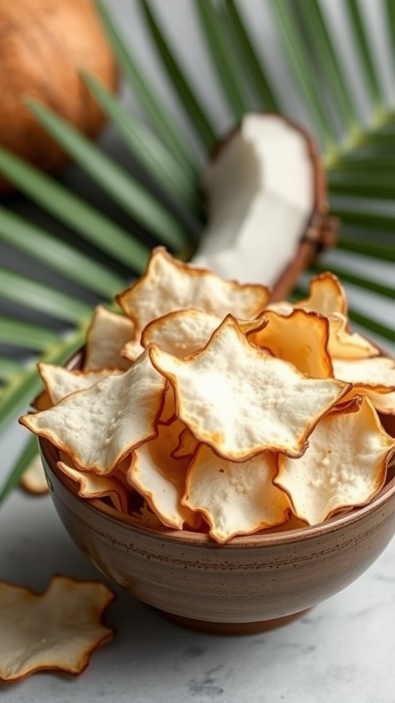 A bowl of coconut chips surrounded by green palm leaves and a coconut shell.