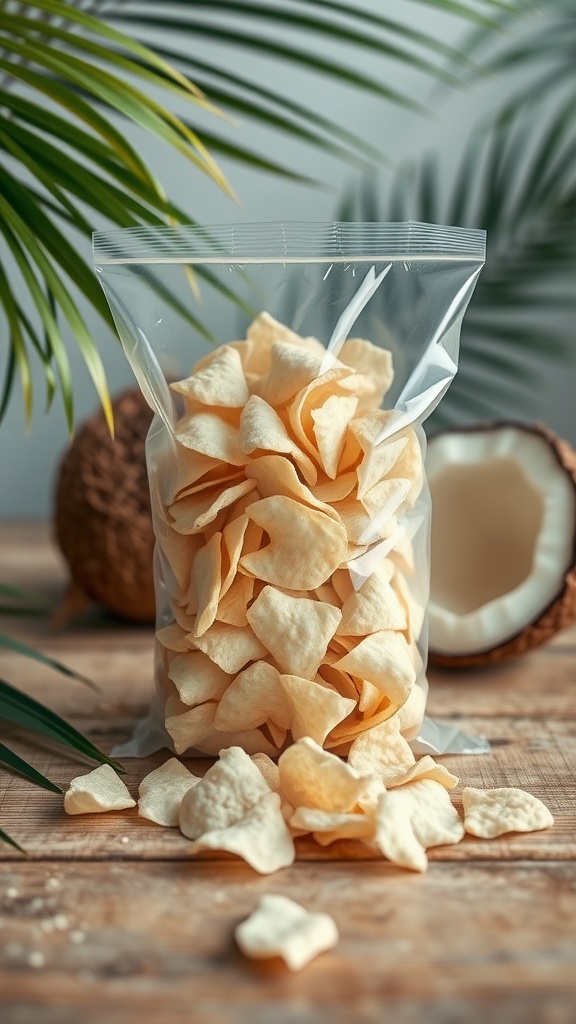 A clear bag filled with coconut chips on a wooden table, with a coconut shell and palm leaves in the background.