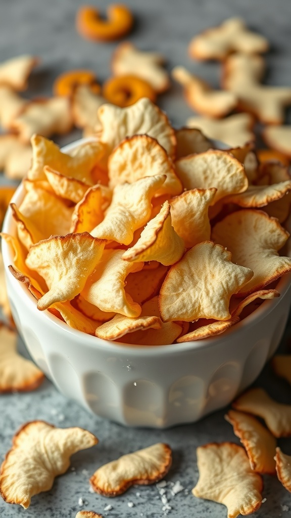 A shelf filled with various brands of coconut chips in colorful packaging.