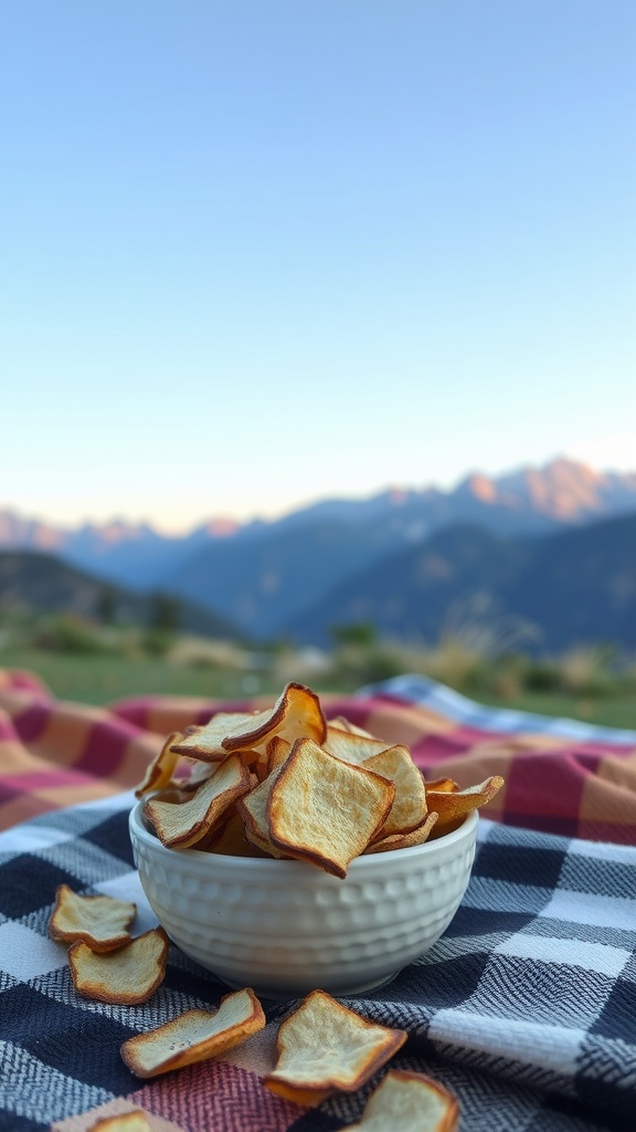 A bowl of coconut chips on a picnic blanket with mountains in the background.