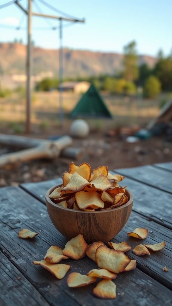 A wooden bowl filled with coconut chips, with some scattered on a rustic wooden table and a campsite in the background.