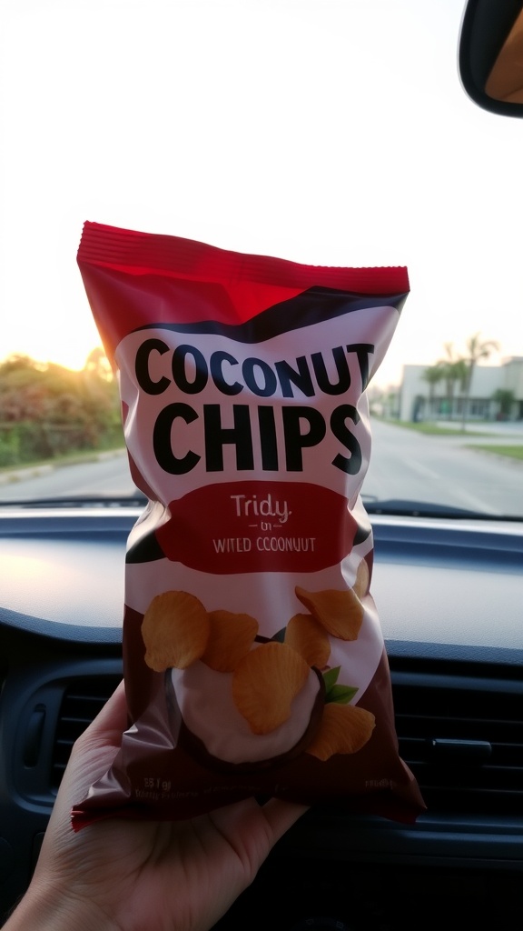 A bag of coconut chips resting on a car dashboard with a sunset in the background.