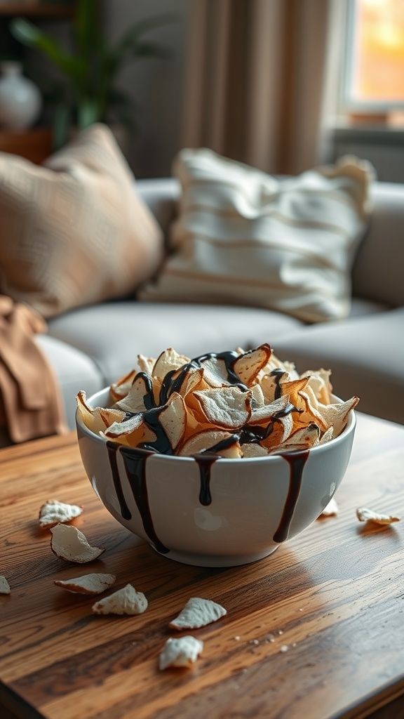 Coconut chips topped with dark chocolate on a wooden surface